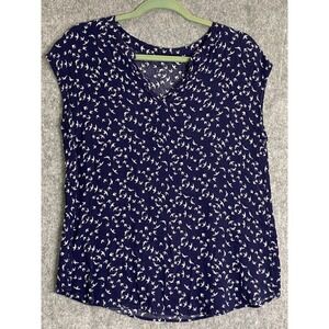 Le Lis Navy Blue White Bird Print Knit Short Sleeve Top Scoop Neck L